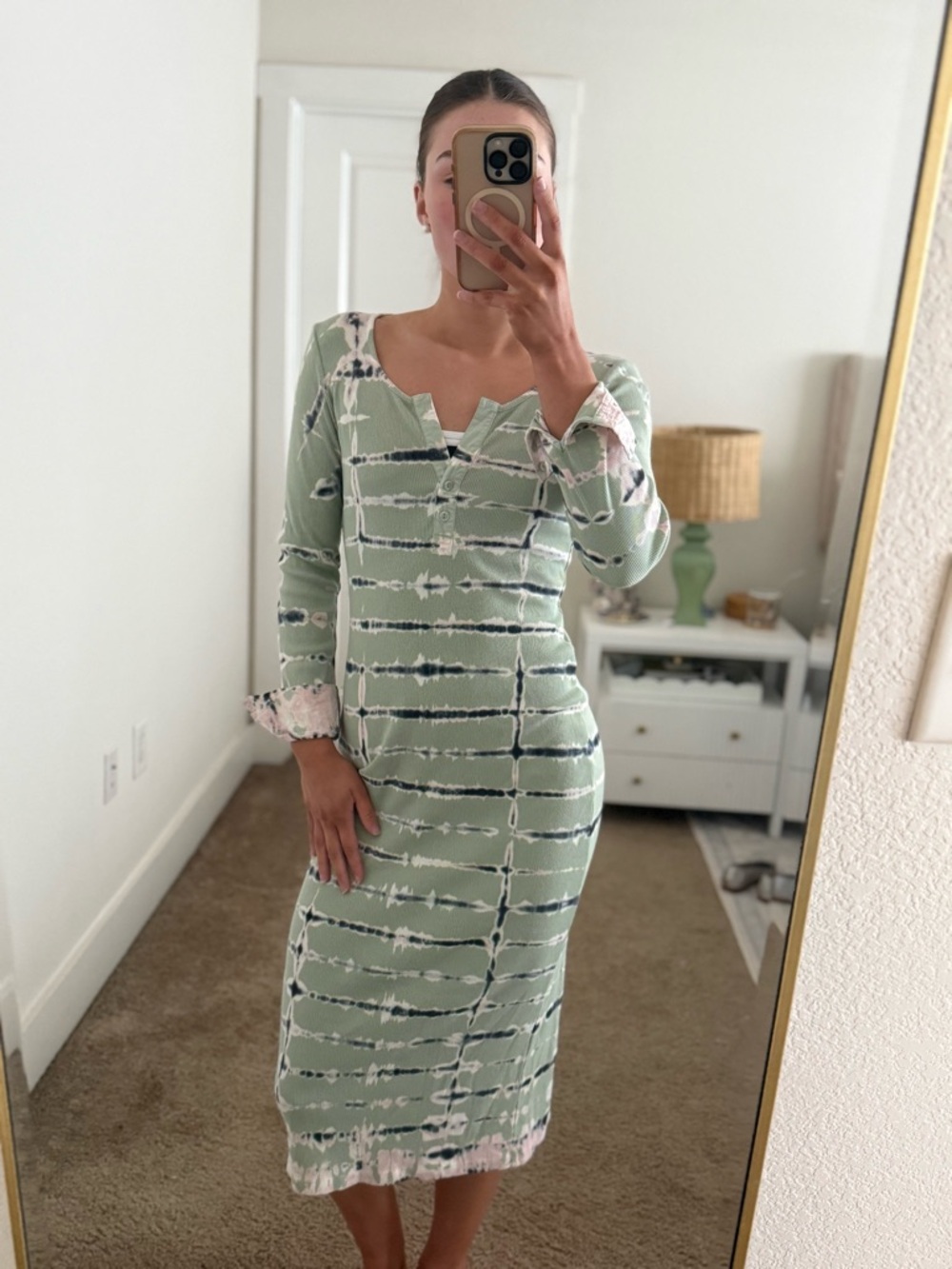 Sage Tie-Dye Long Sleeve Midi Dress